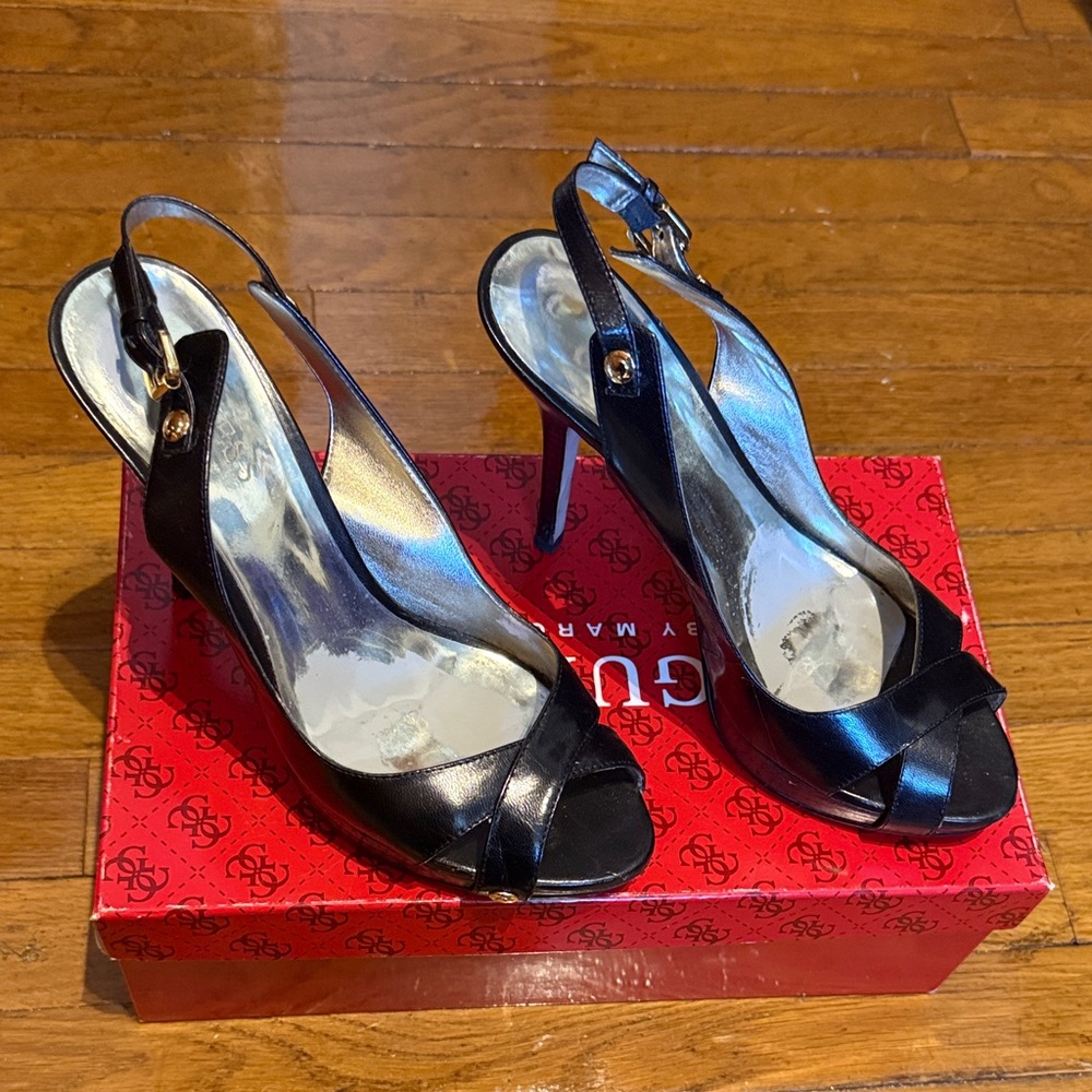 Guess Shiny Black Slingback Heels